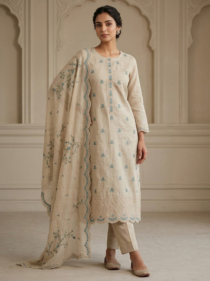 Beige Tussar Embroidered Unstitched Dress Material