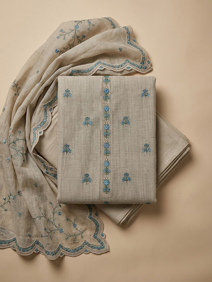 Beige Tussar Embroidered Unstitched Dress Material