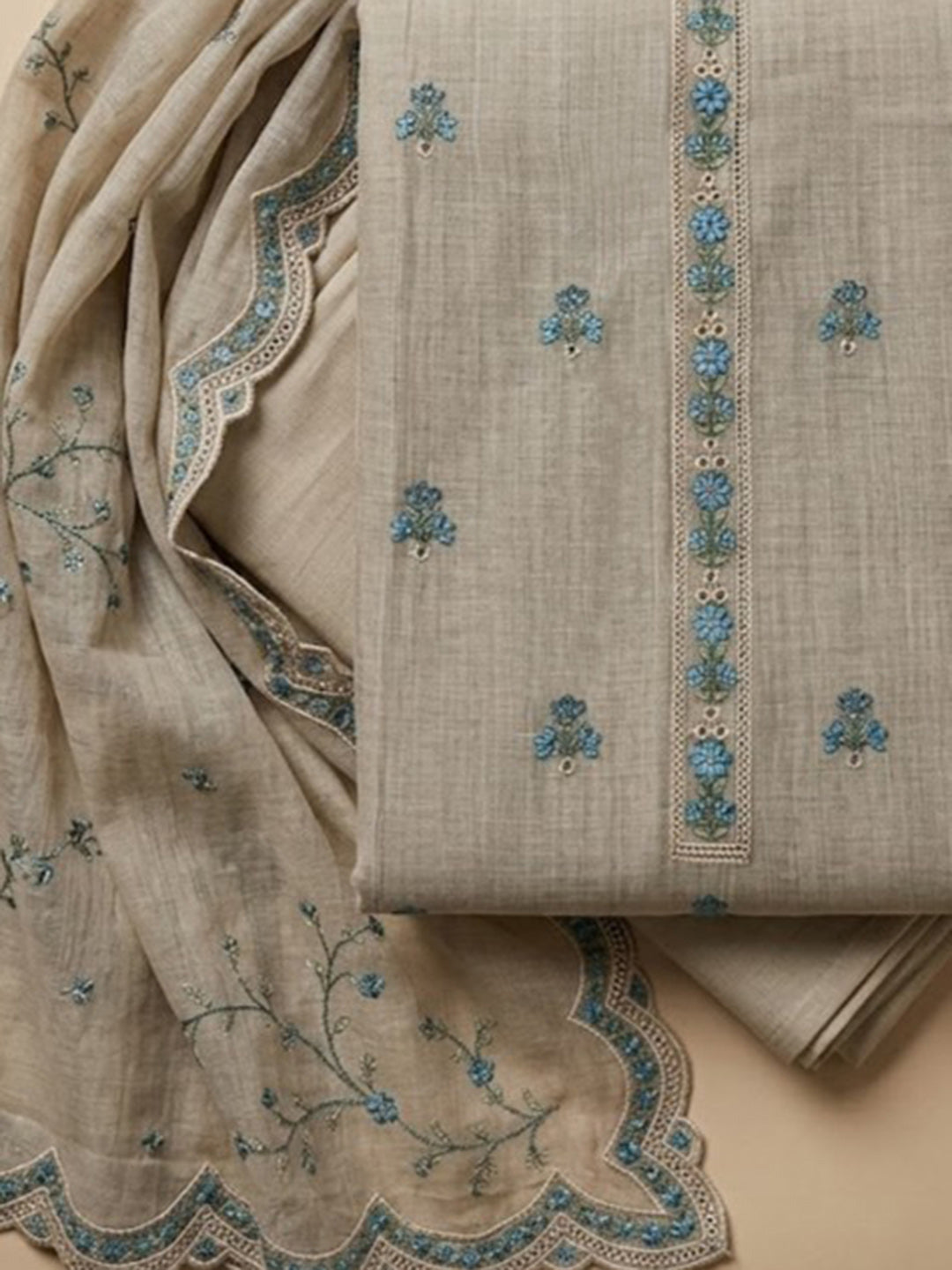 Beige Tussar Embroidered Unstitched Dress Material