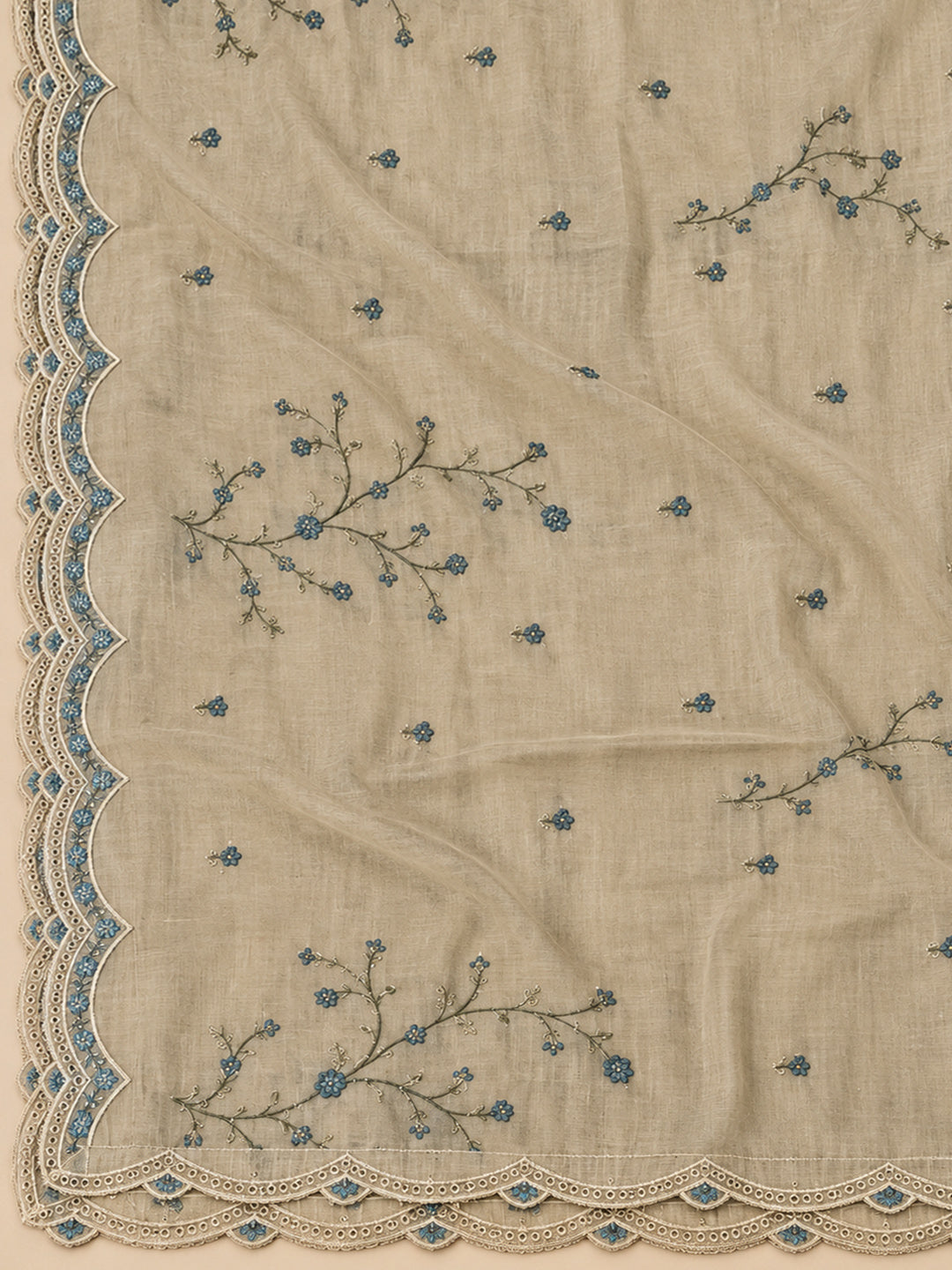 Beige Tussar Embroidered Unstitched Dress Material
