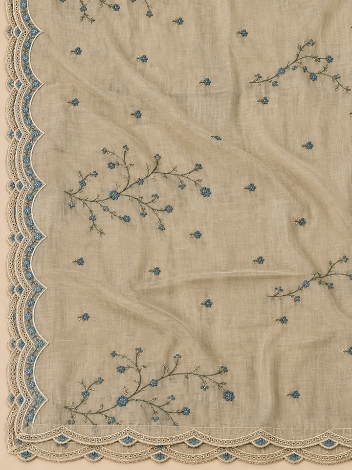 Beige Tussar Embroidered Unstitched Dress Material