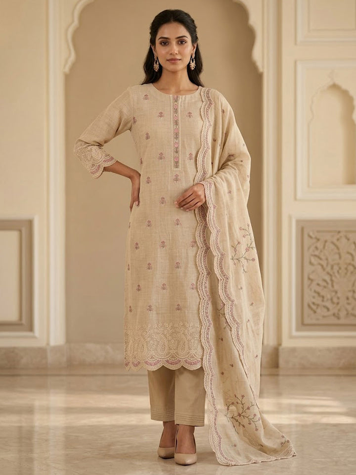 Beige Tussar Embroidered Unstitched Dress Material