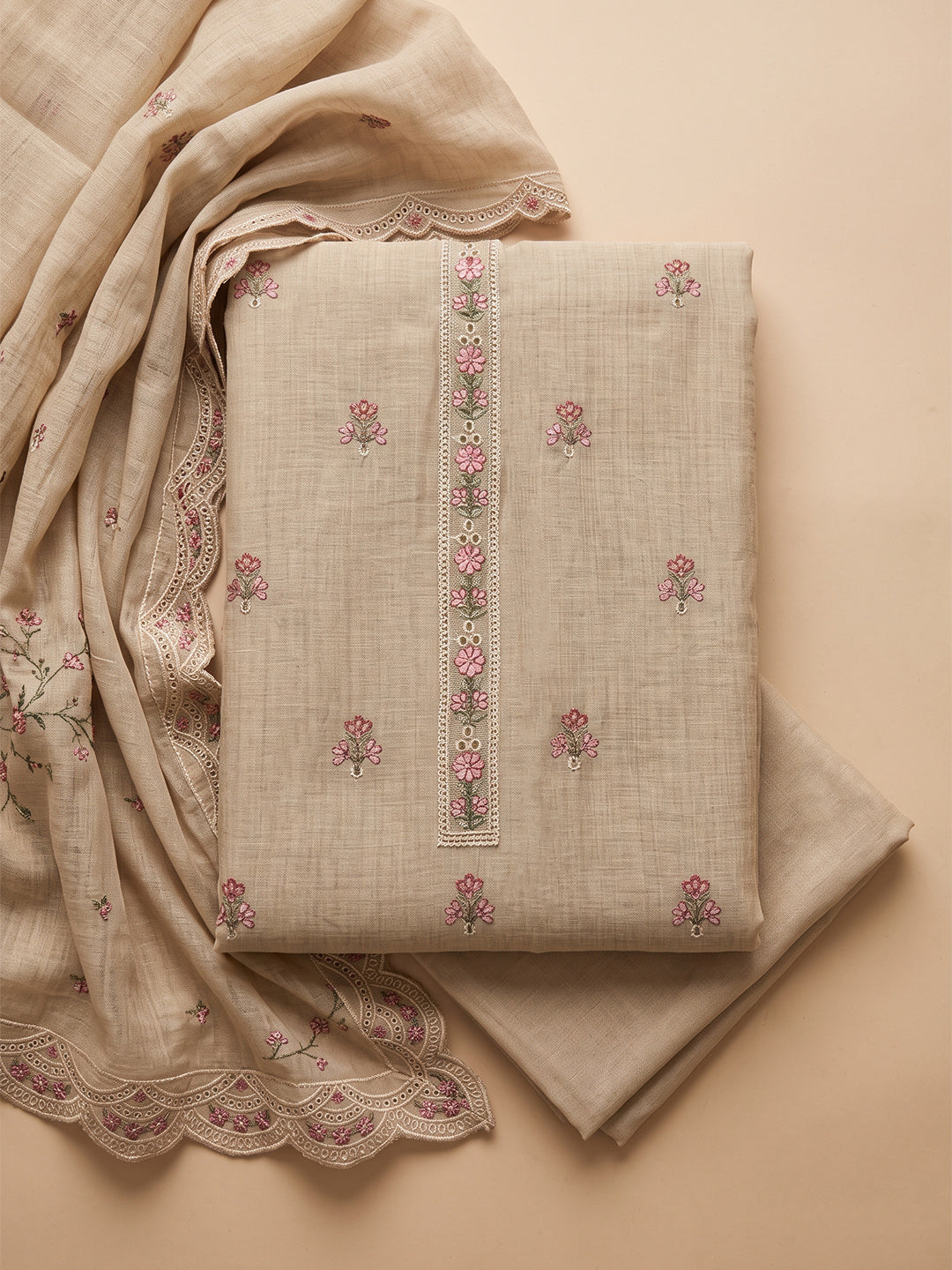 Beige Tussar Embroidered Unstitched Dress Material