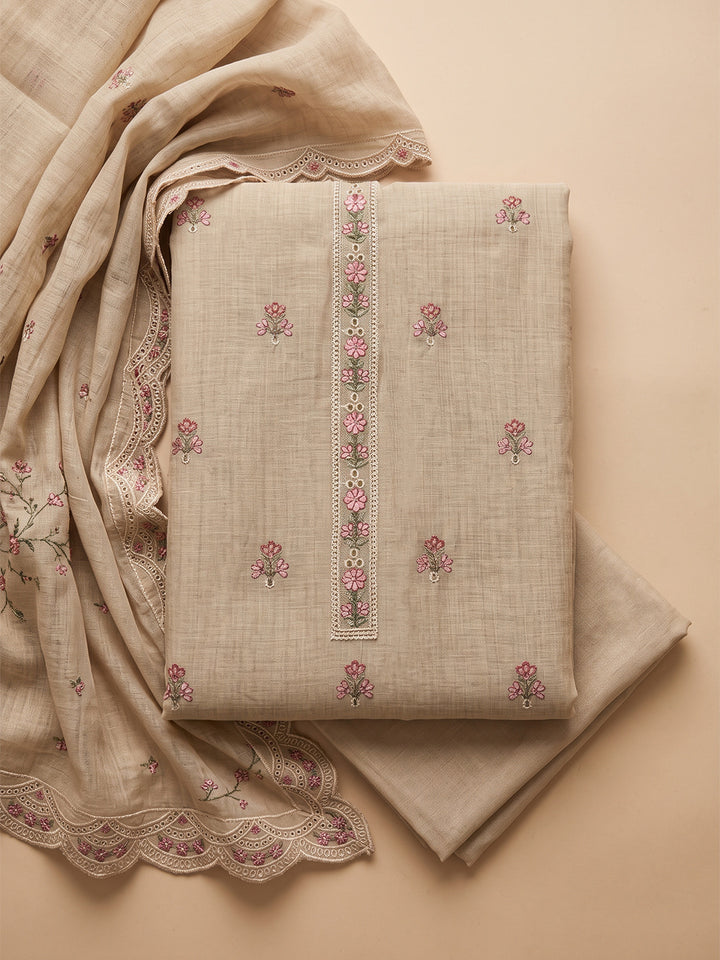 Beige Tussar Embroidered Unstitched Dress Material