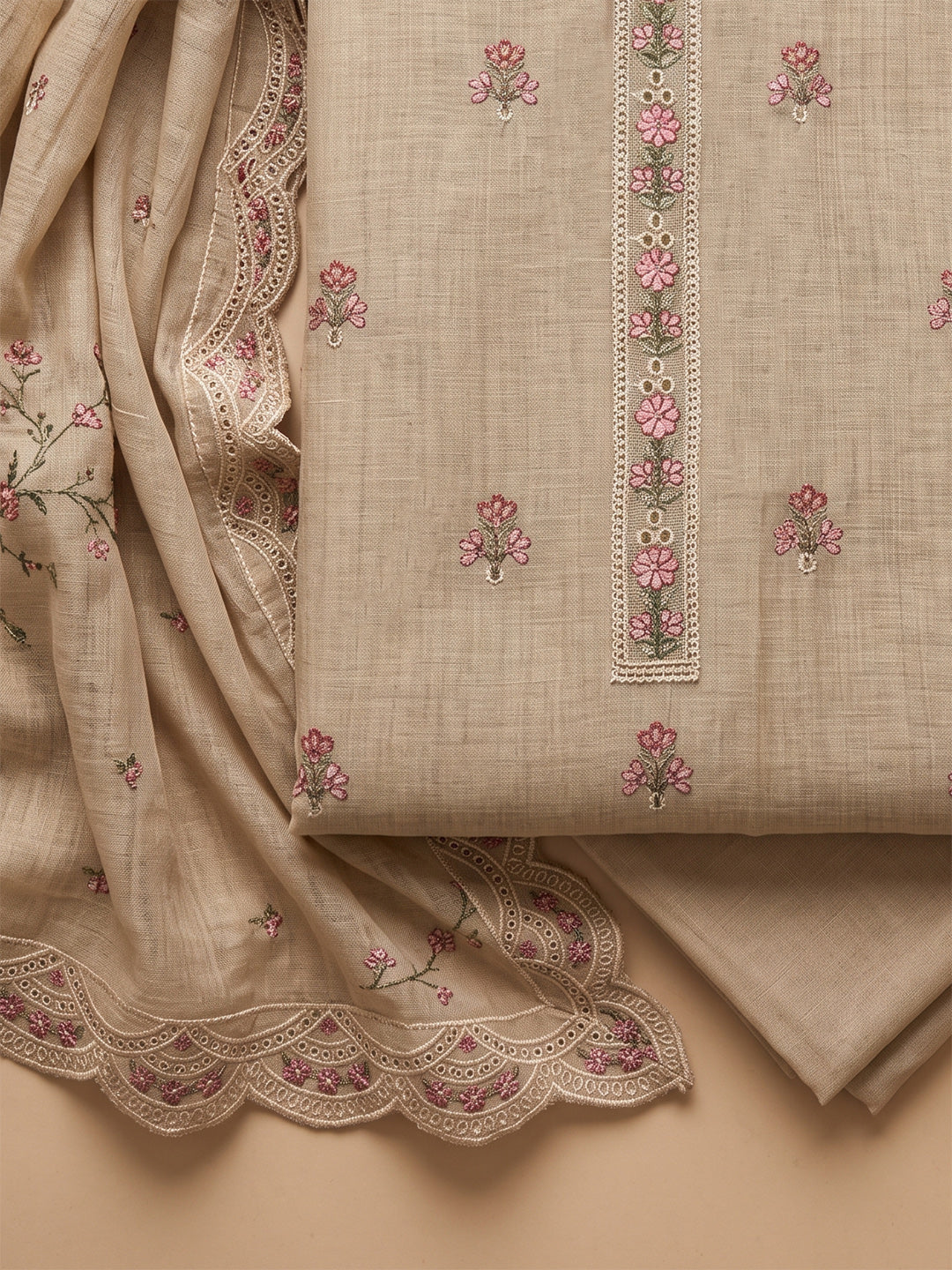 Beige Tussar Embroidered Unstitched Dress Material