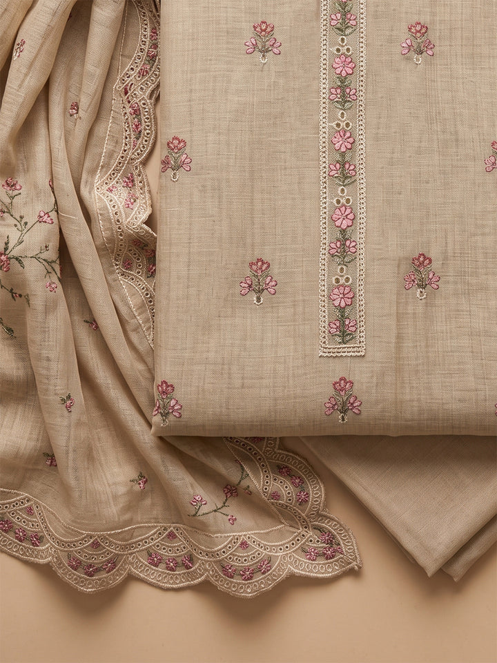 Beige Tussar Embroidered Unstitched Dress Material