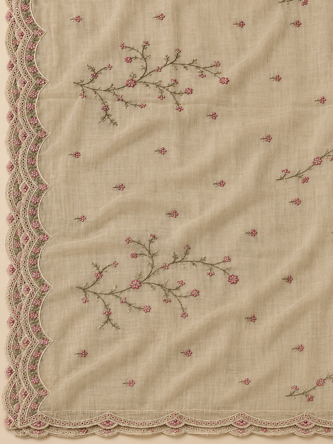 Beige Tussar Embroidered Unstitched Dress Material