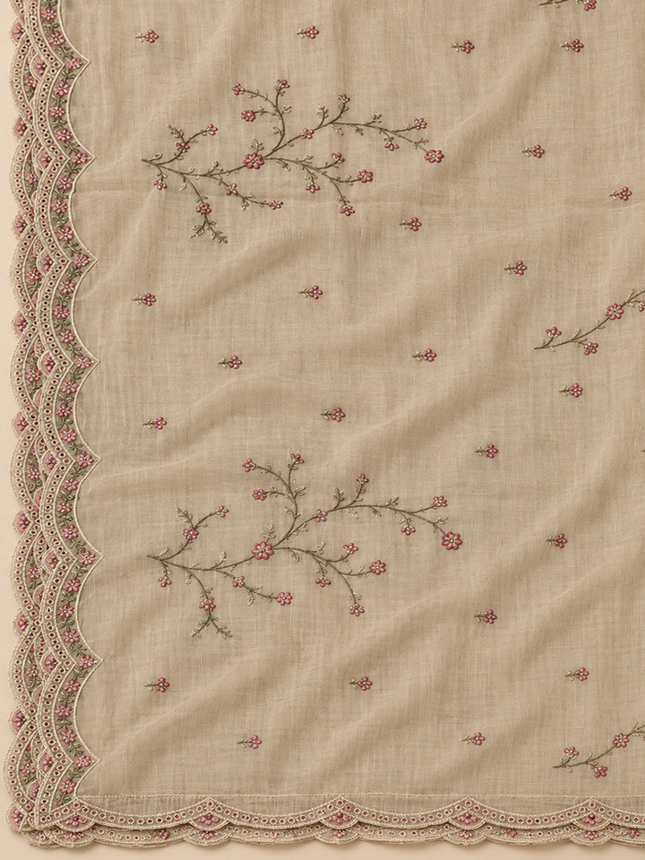 Beige Tussar Embroidered Unstitched Dress Material