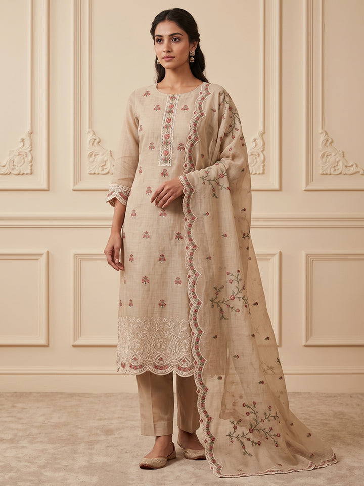 Beige Tussar Embroidered Unstitched Dress Material