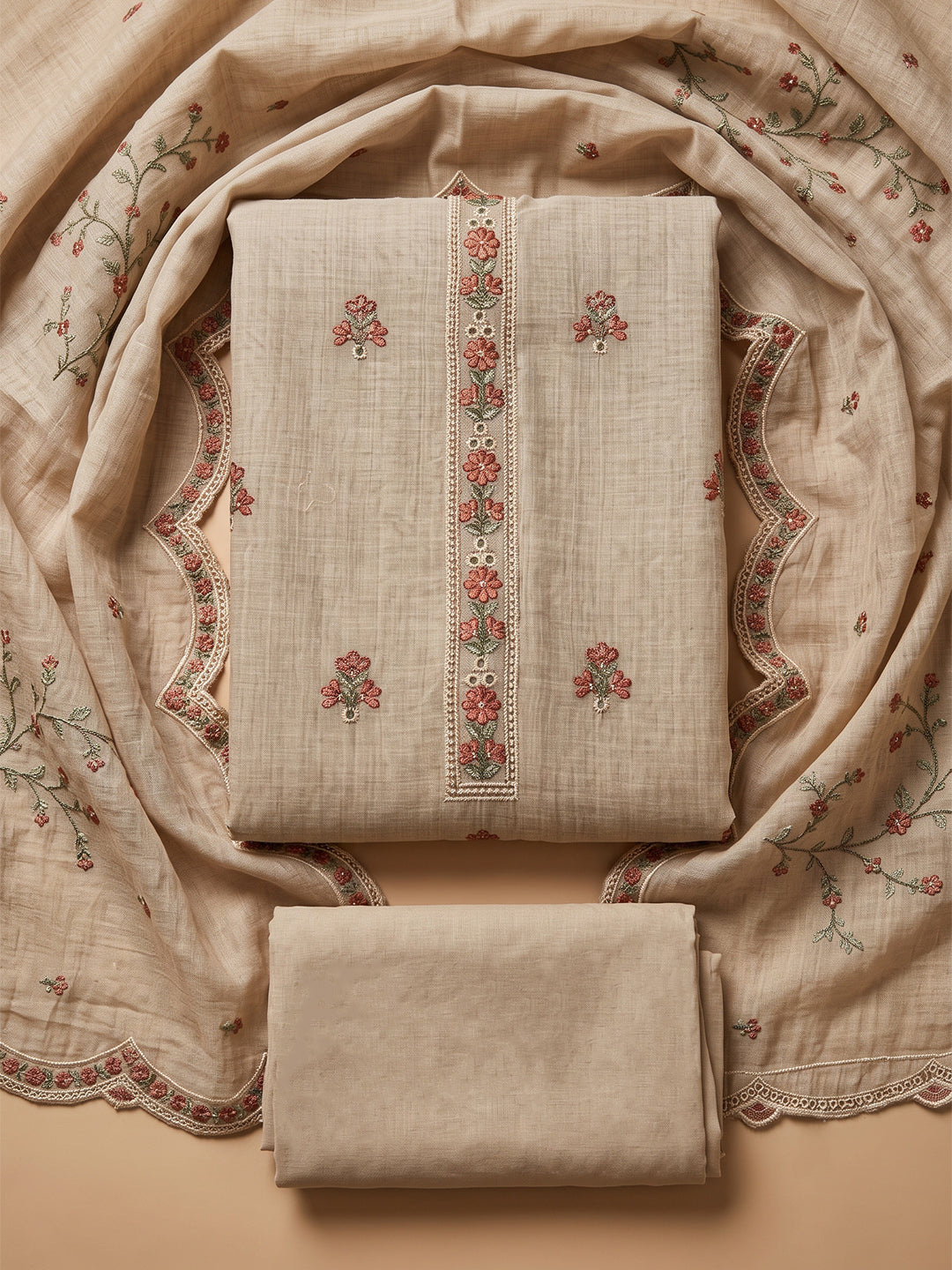 Beige Tussar Embroidered Unstitched Dress Material