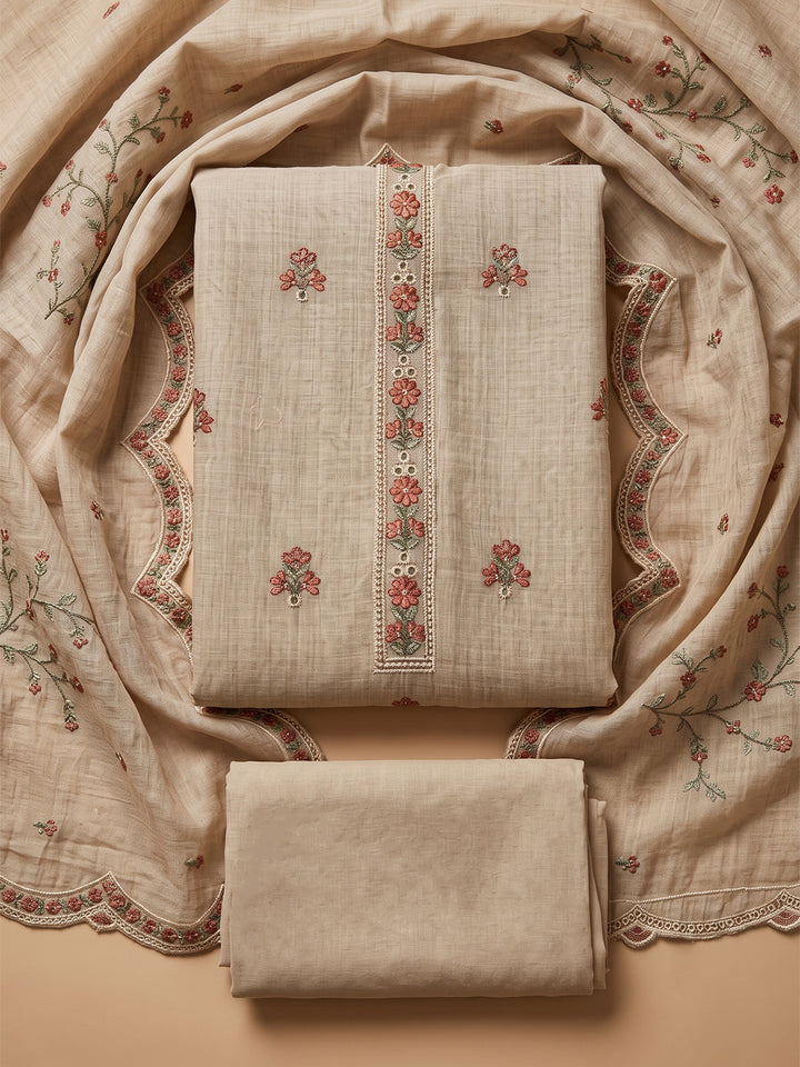 Beige Tussar Embroidered Unstitched Dress Material
