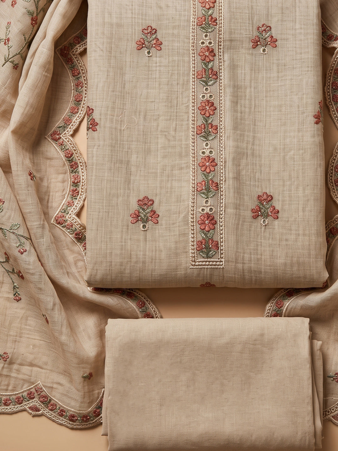 Beige Tussar Embroidered Unstitched Dress Material