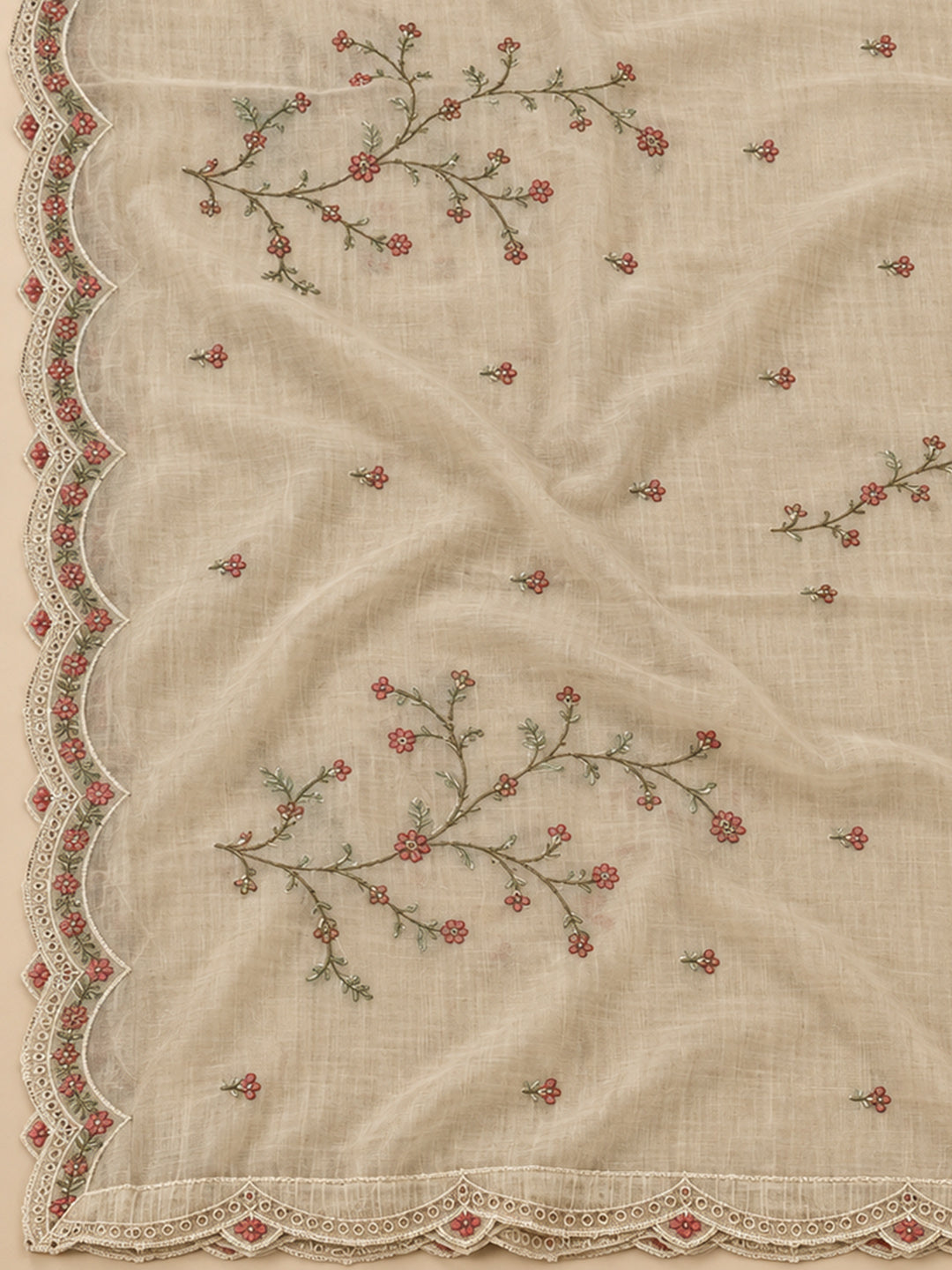 Beige Tussar Embroidered Unstitched Dress Material