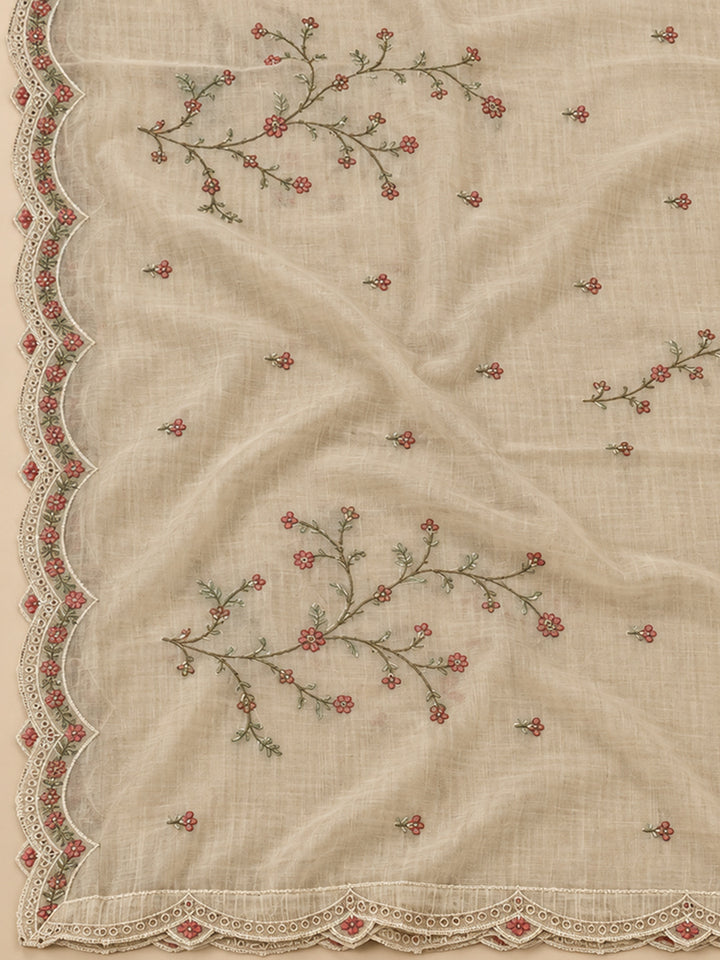 Beige Tussar Embroidered Unstitched Dress Material