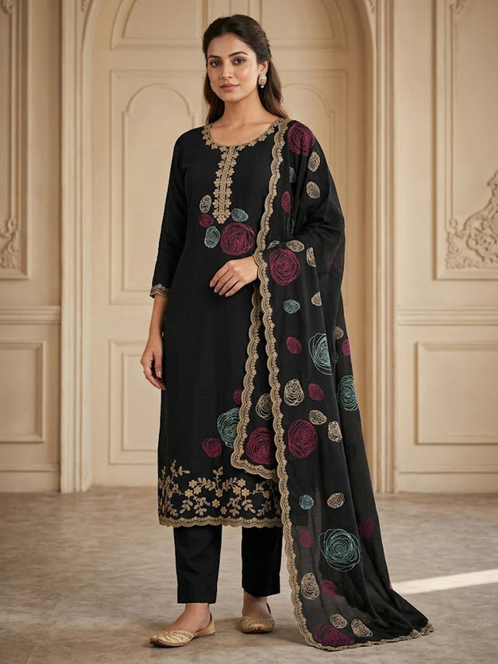 Black Chanderi Embroidered Unstitched Dress Material