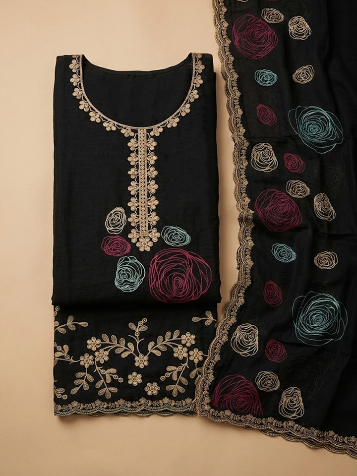 Black Chanderi Embroidered Unstitched Dress Material