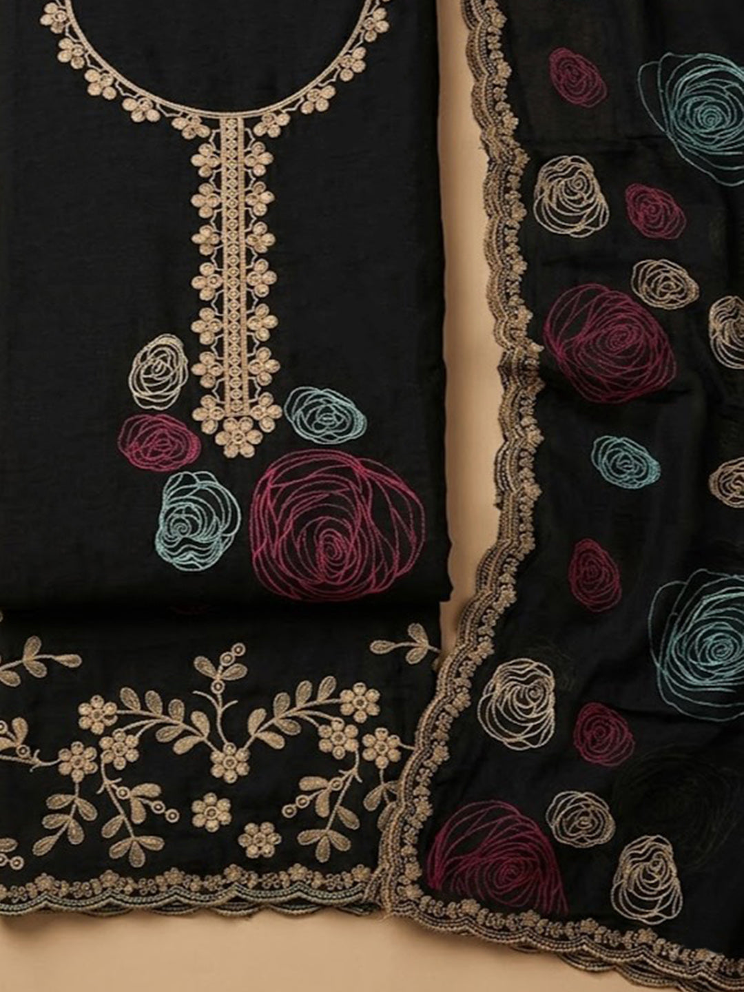 Black Chanderi Embroidered Unstitched Dress Material
