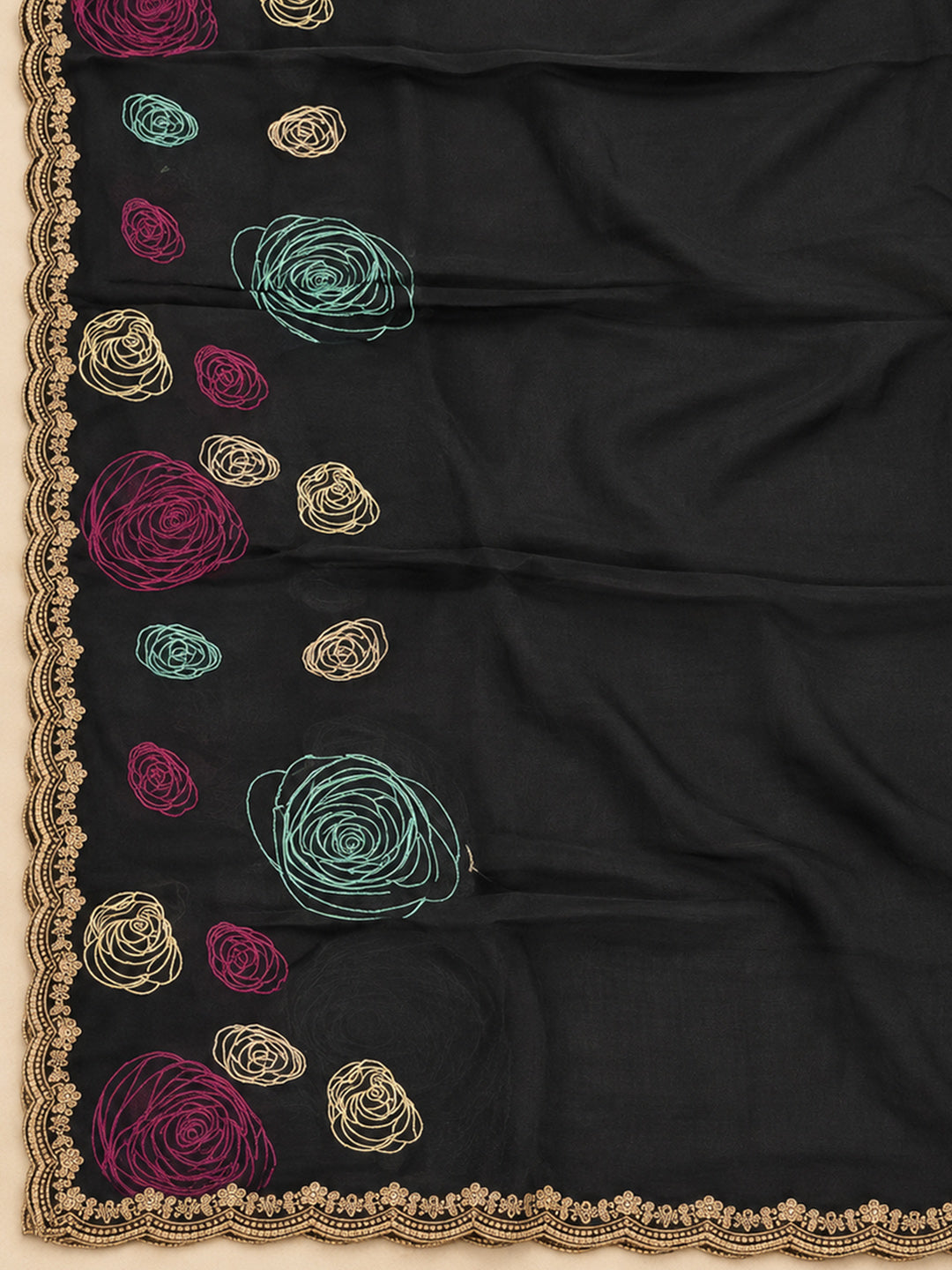 Black Chanderi Embroidered Unstitched Dress Material