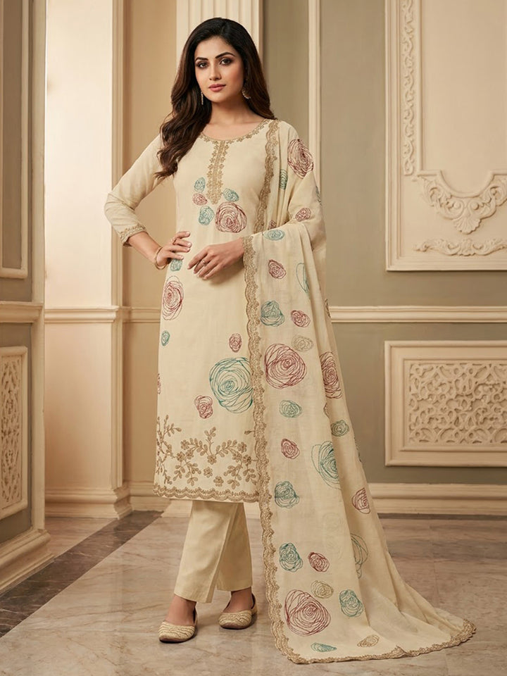 Cream Chanderi Embroidered Unstitched Dress Material