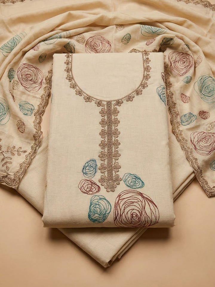 Cream Chanderi Embroidered Unstitched Dress Material