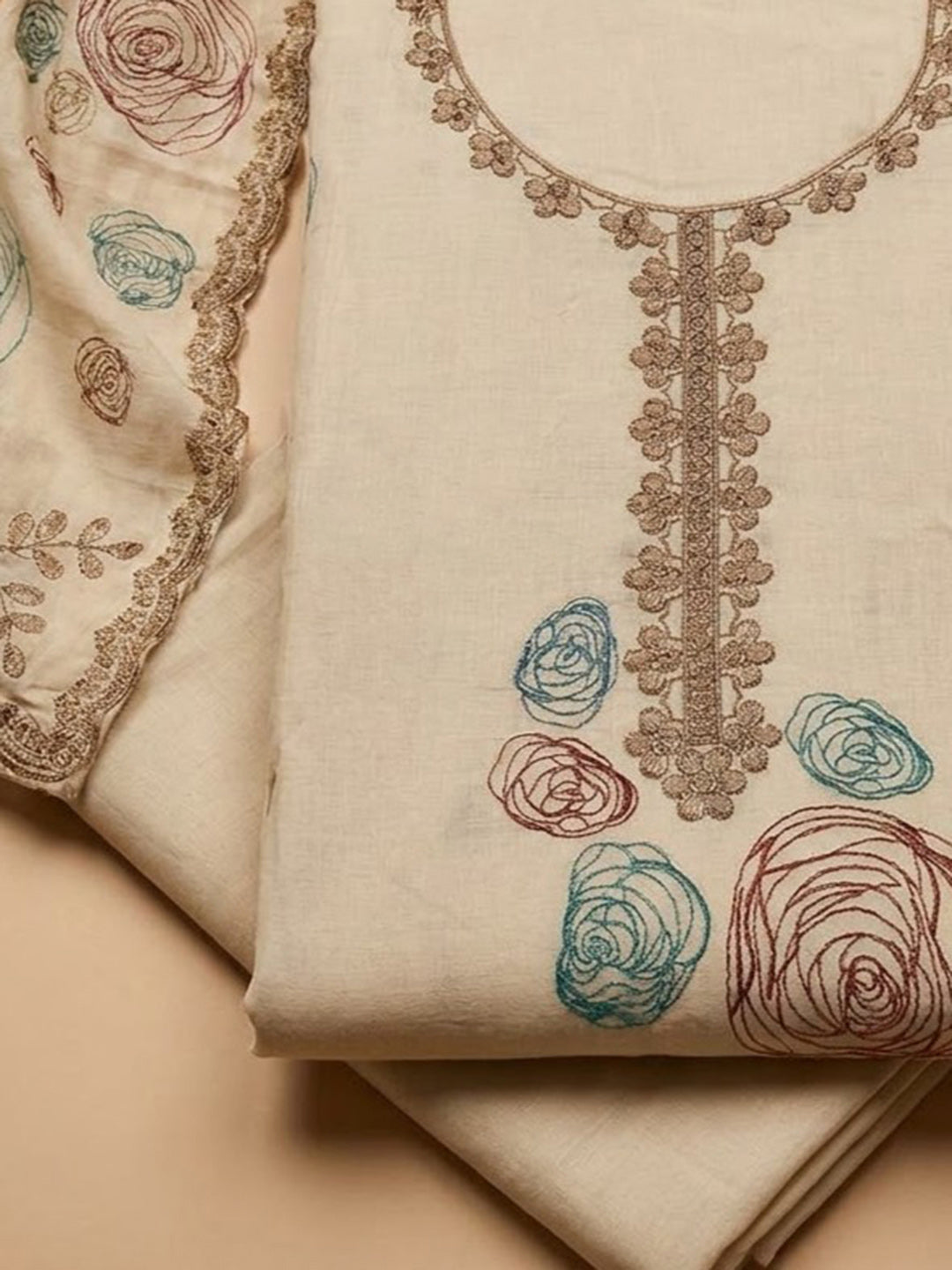 Cream Chanderi Embroidered Unstitched Dress Material