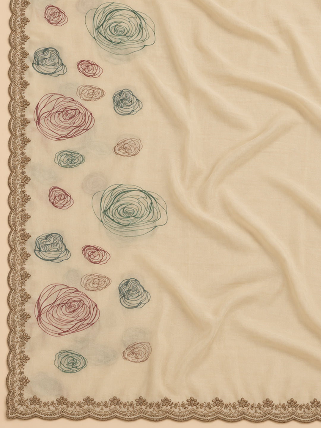 Cream Chanderi Embroidered Unstitched Dress Material
