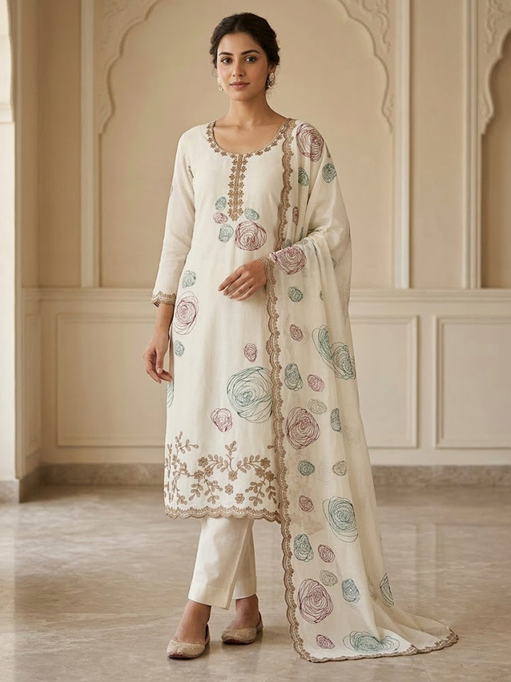 Off White Chanderi Embroidered Unstitched Dress Material