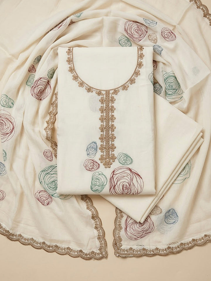 Off White Chanderi Embroidered Unstitched Dress Material