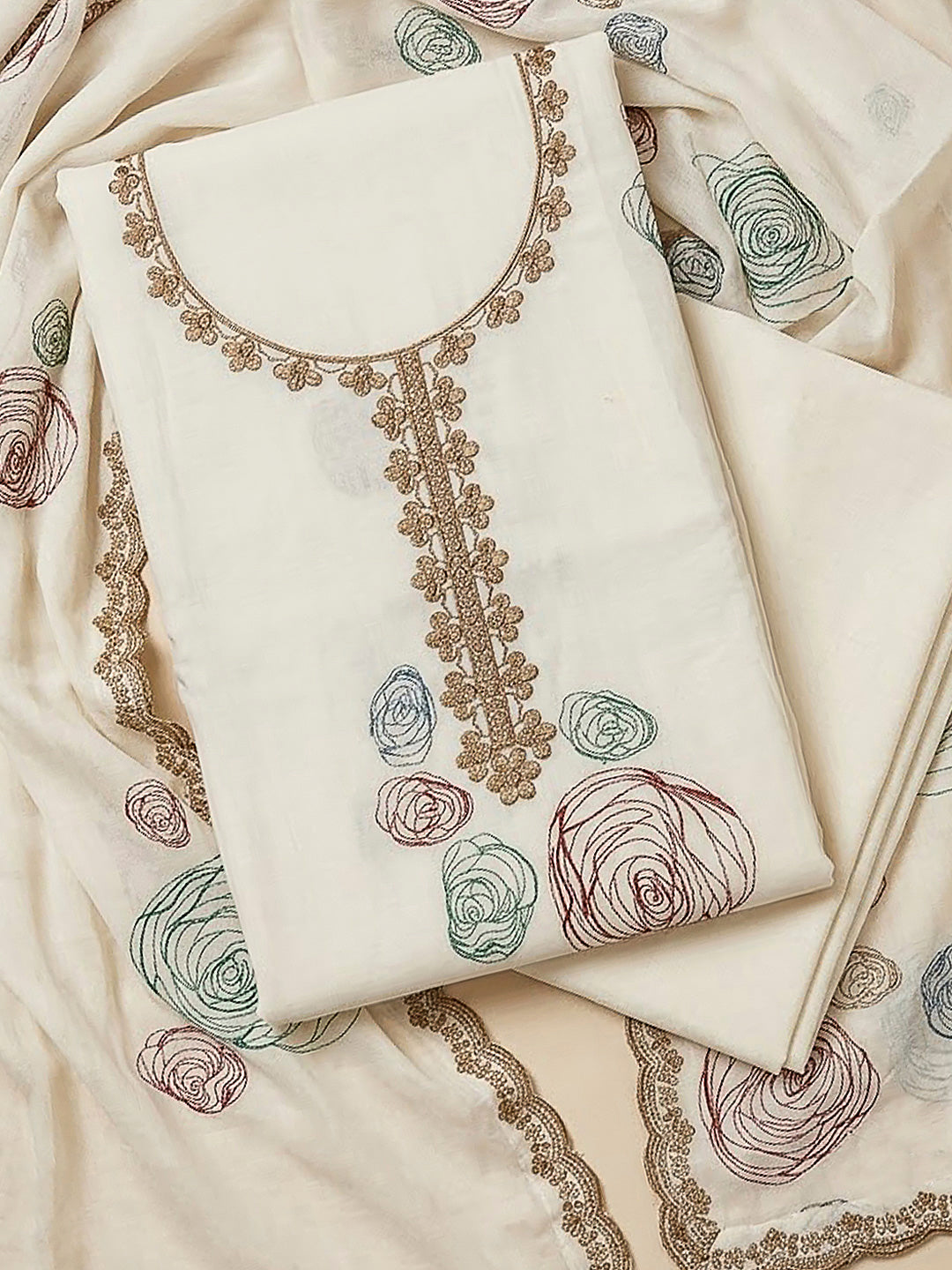 Off White Chanderi Embroidered Unstitched Dress Material