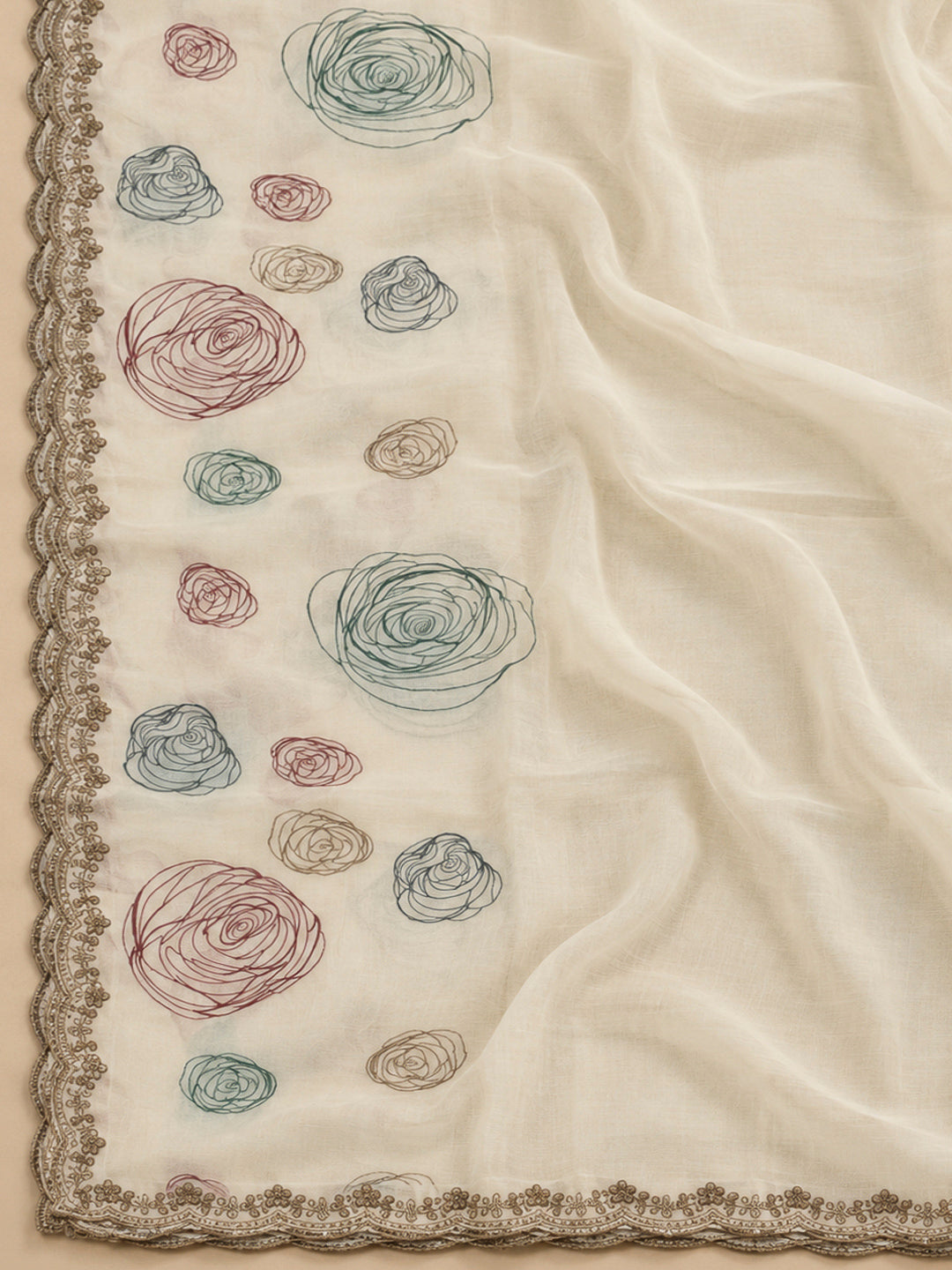 Off White Chanderi Embroidered Unstitched Dress Material