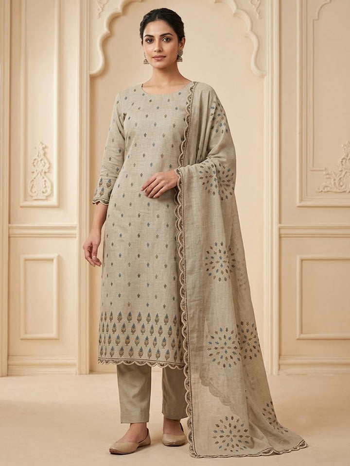 Beige Chanderi Printed Unstitched Dress Material