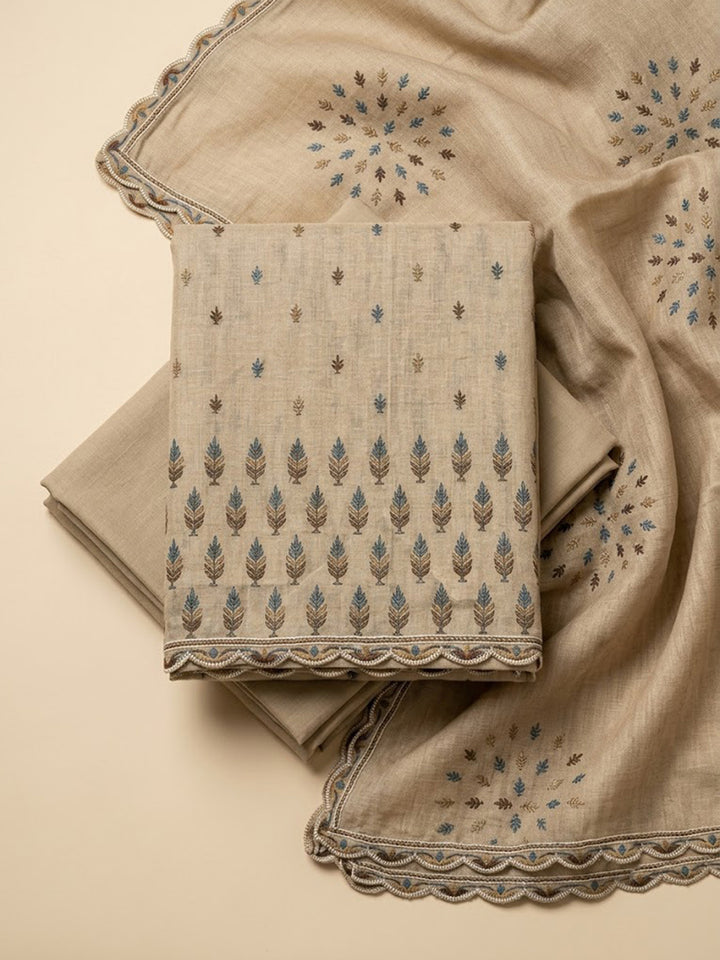Beige Chanderi Printed Unstitched Dress Material