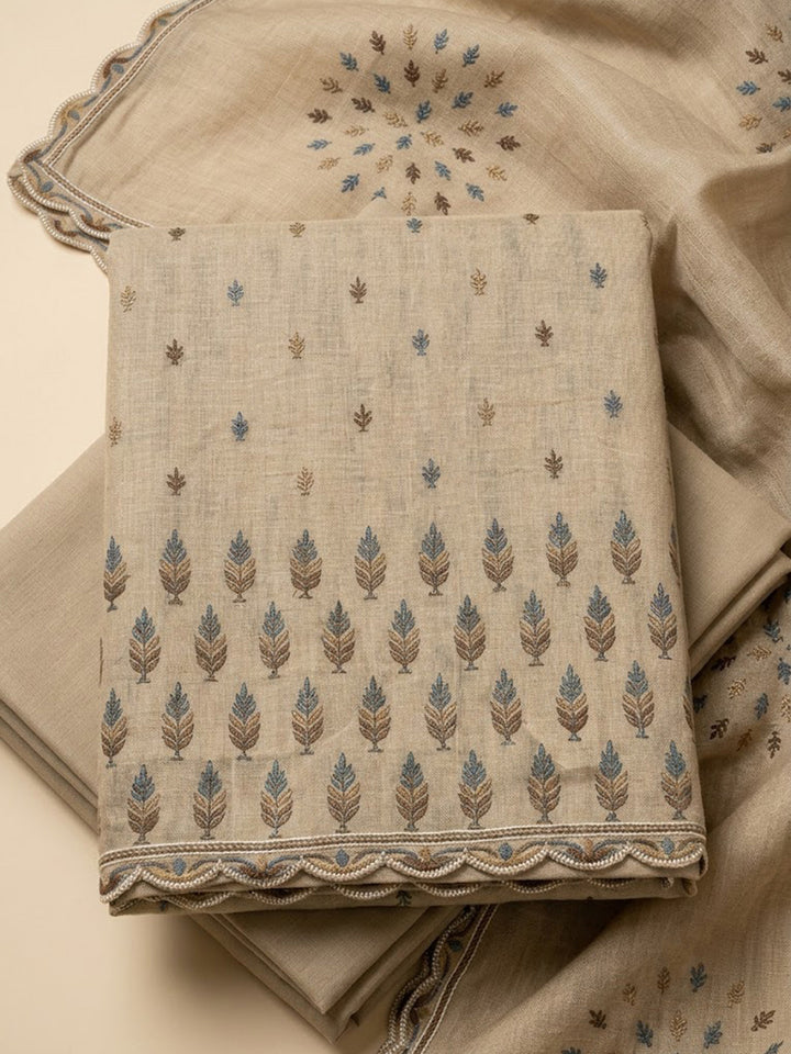 Beige Chanderi Printed Unstitched Dress Material