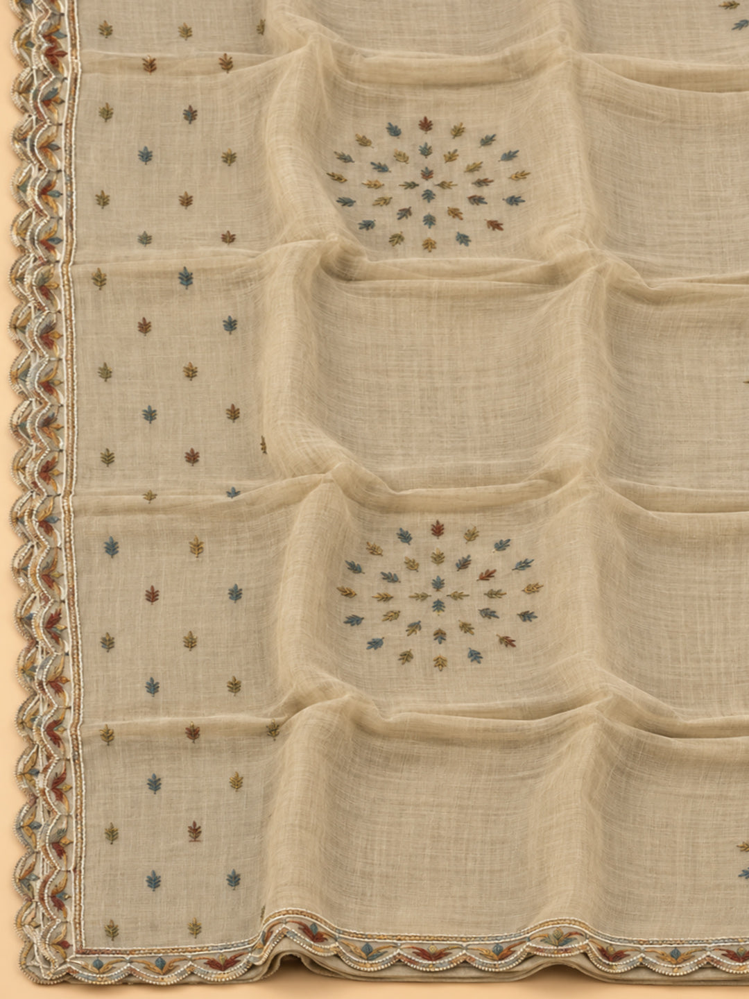 Beige Chanderi Printed Unstitched Dress Material