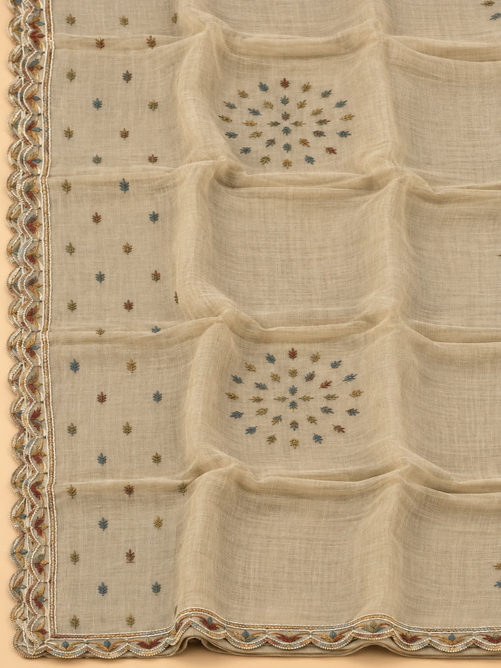 Beige Chanderi Printed Unstitched Dress Material