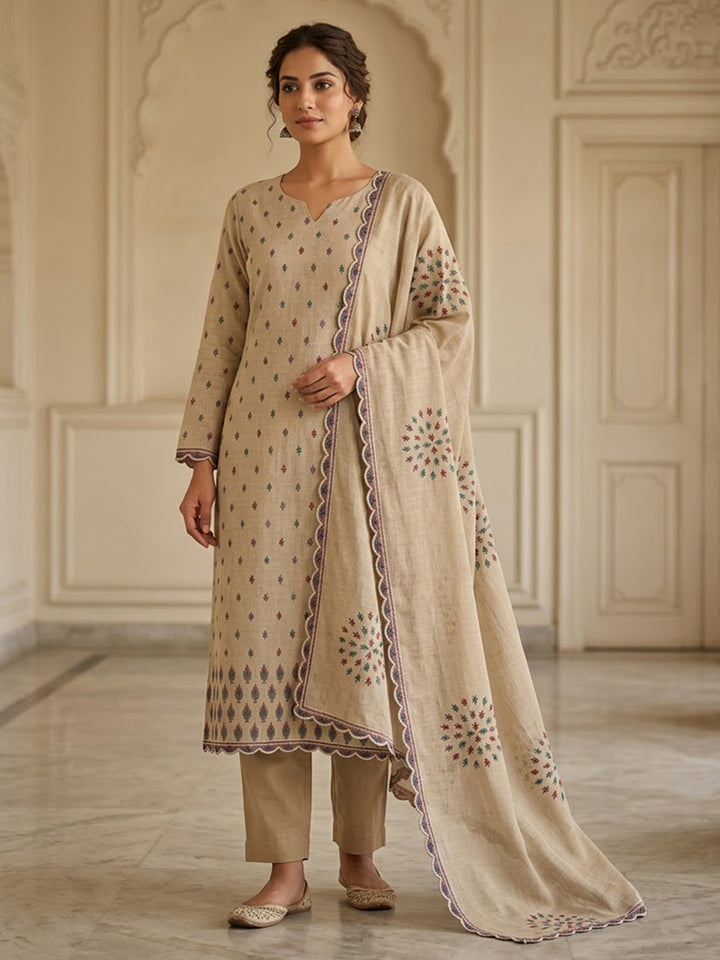 Beige Chanderi Printed Unstitched Dress Material