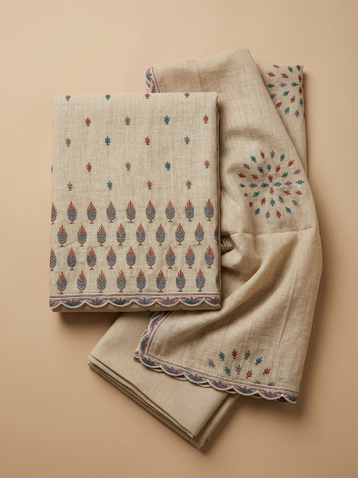 Beige Chanderi Printed Unstitched Dress Material