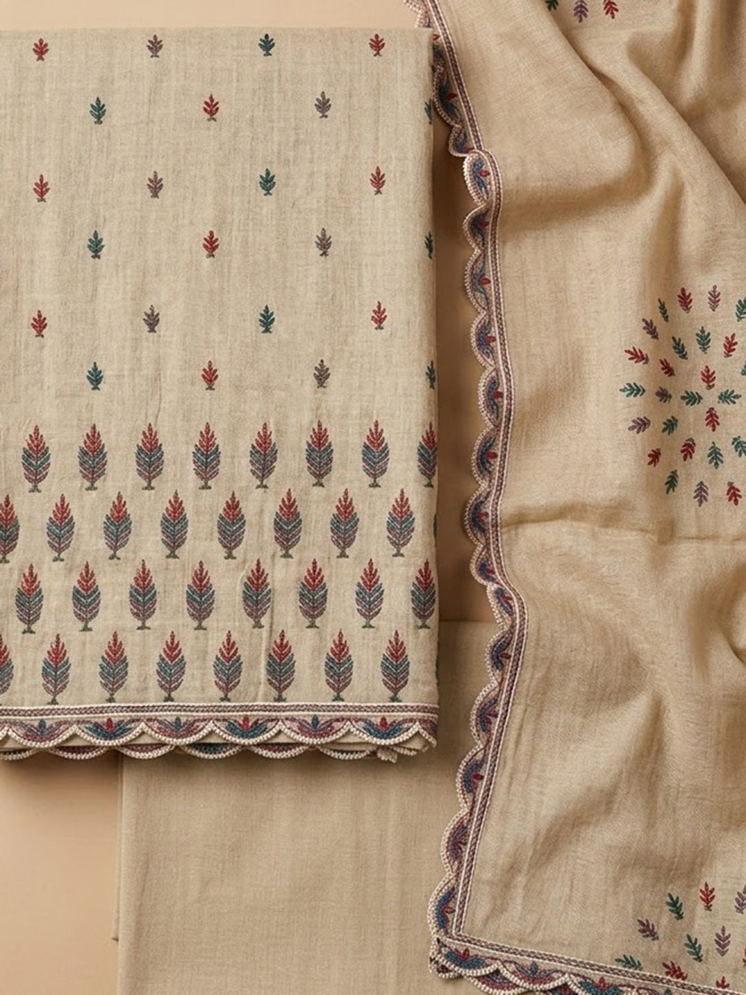 Beige Chanderi Printed Unstitched Dress Material