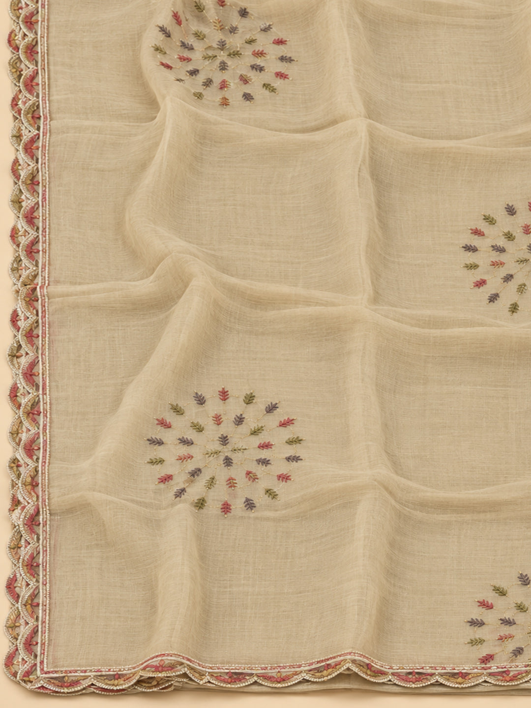 Beige Chanderi Printed Unstitched Dress Material