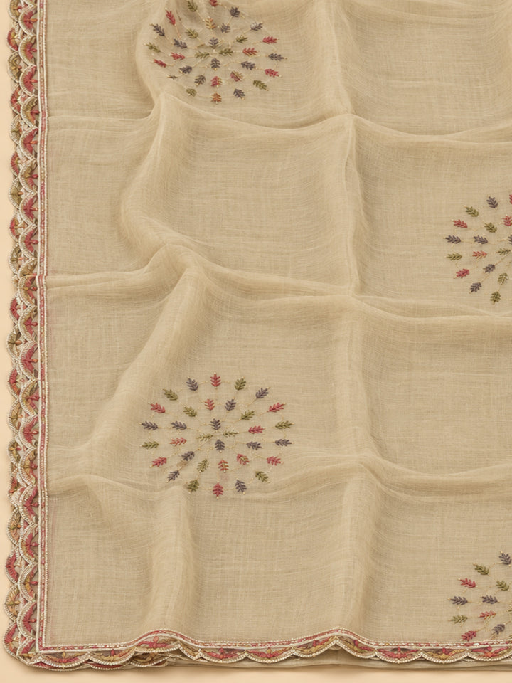 Beige Chanderi Printed Unstitched Dress Material