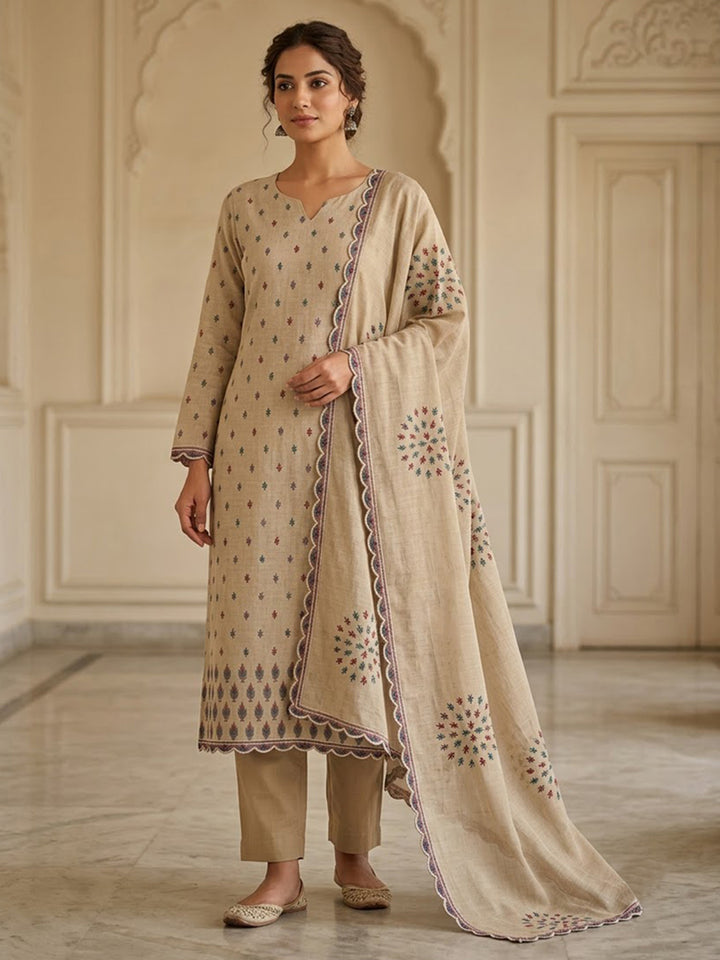 Beige Chanderi Printed Unstitched Dress Material