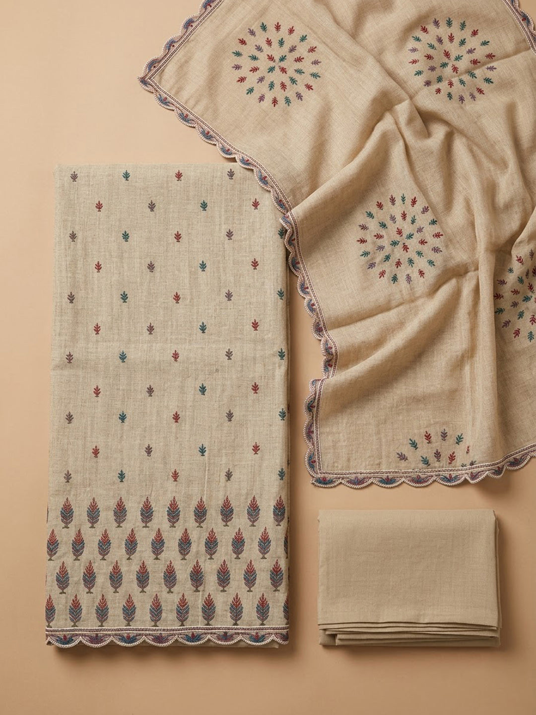 Beige Chanderi Printed Unstitched Dress Material