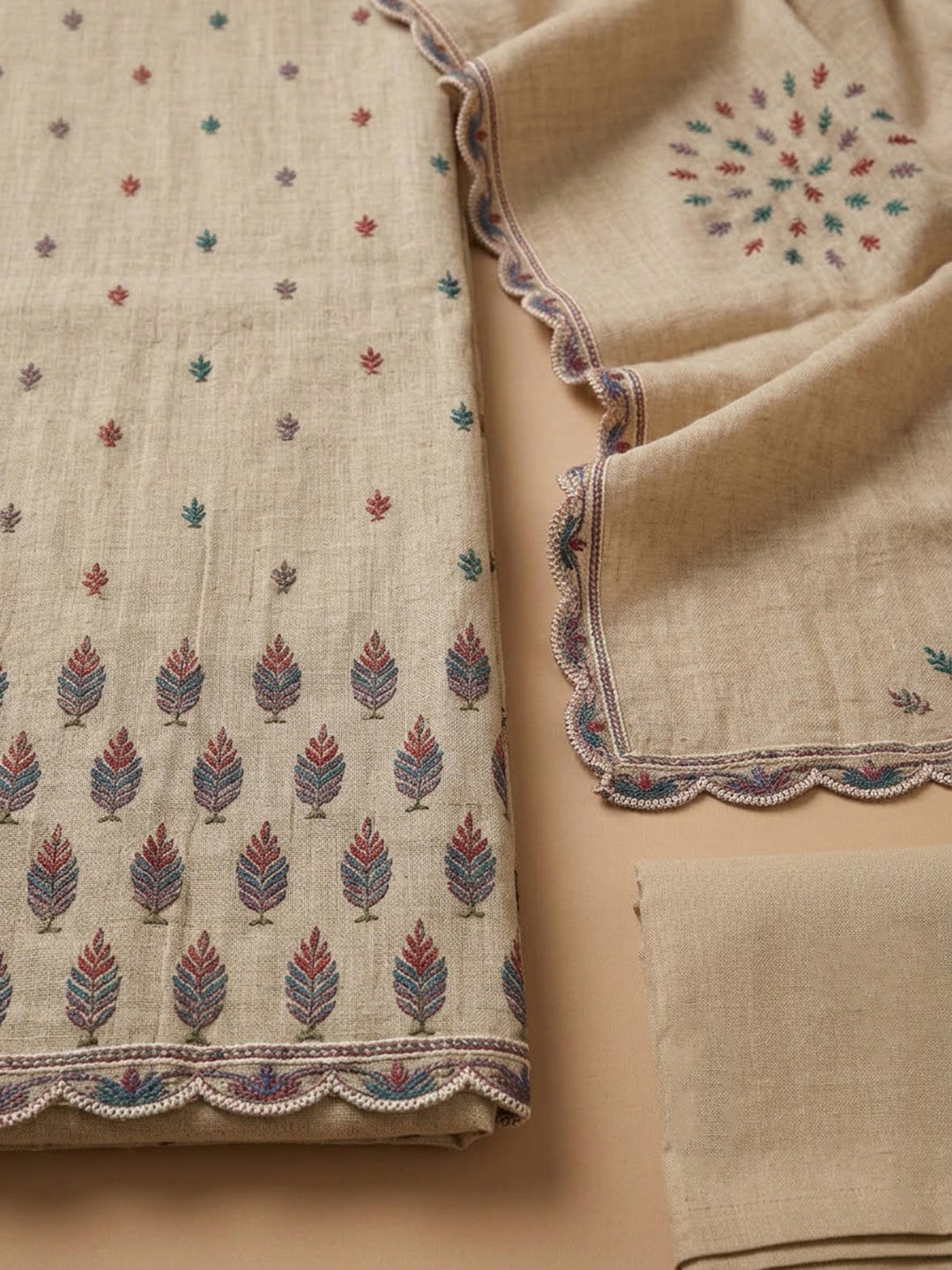 Beige Chanderi Printed Unstitched Dress Material