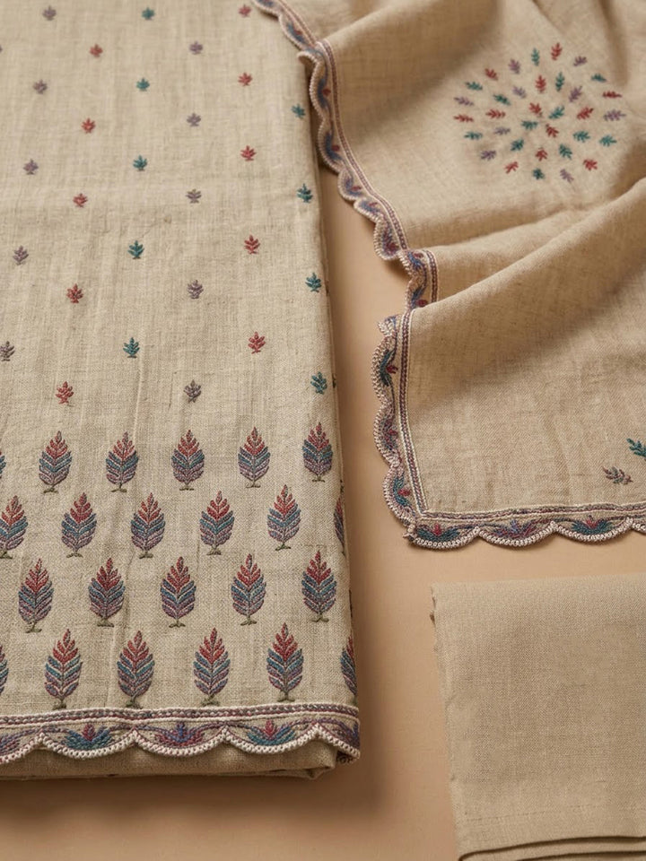 Beige Chanderi Printed Unstitched Dress Material