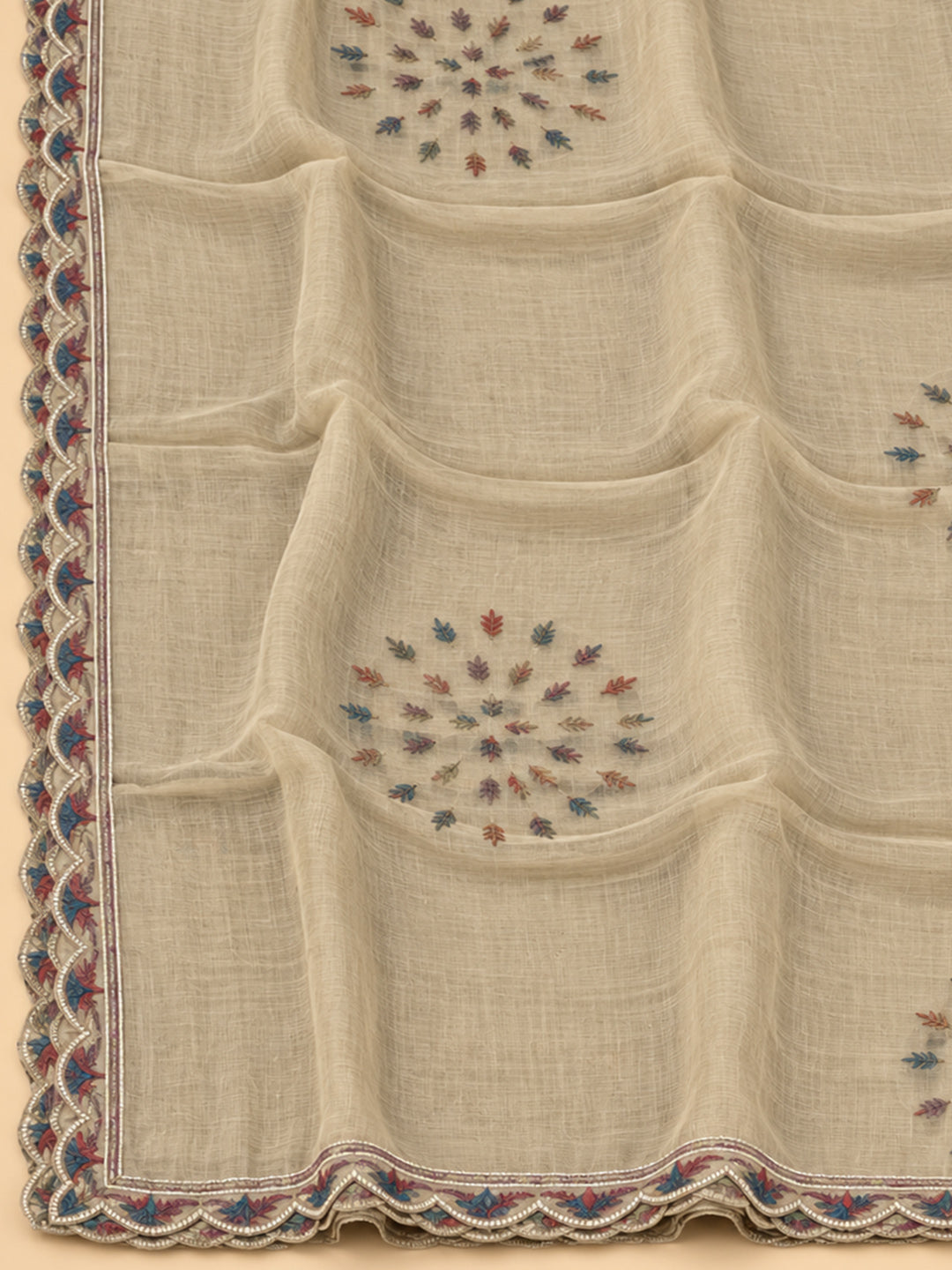 Beige Chanderi Printed Unstitched Dress Material