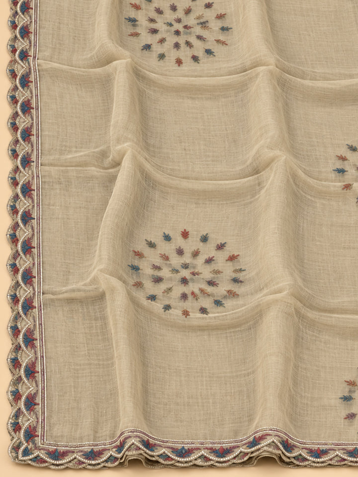 Beige Chanderi Printed Unstitched Dress Material