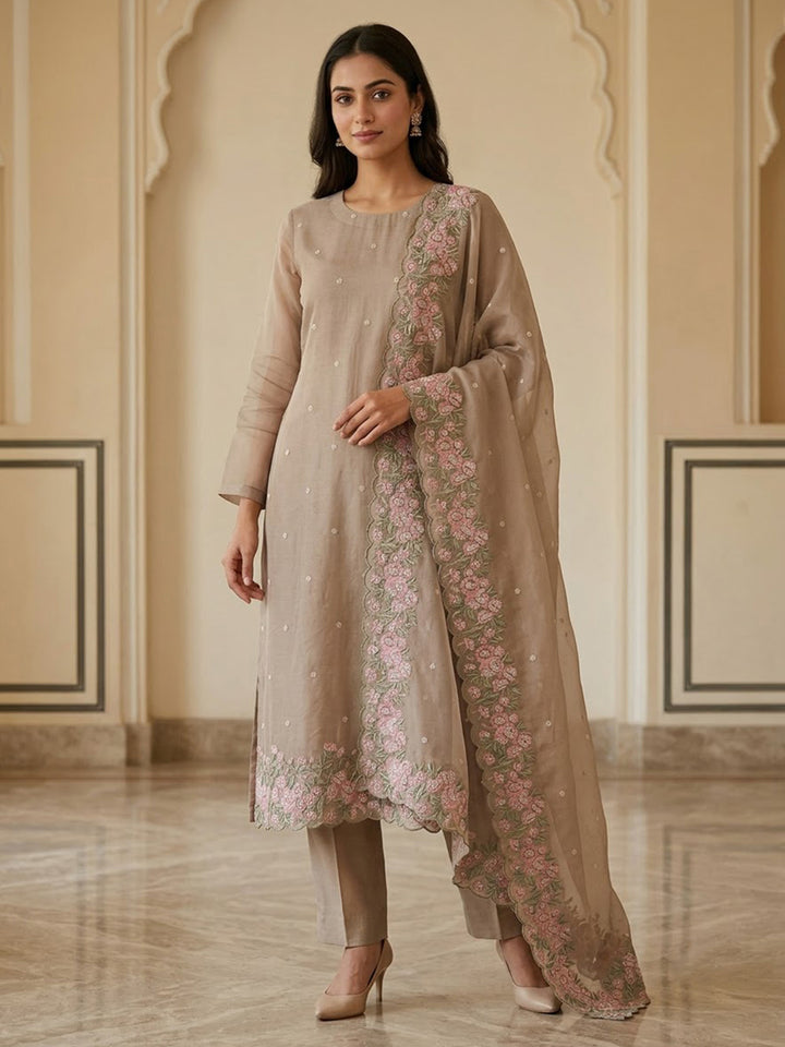Beige Chanderi Embroidered Unstitched Dress Material