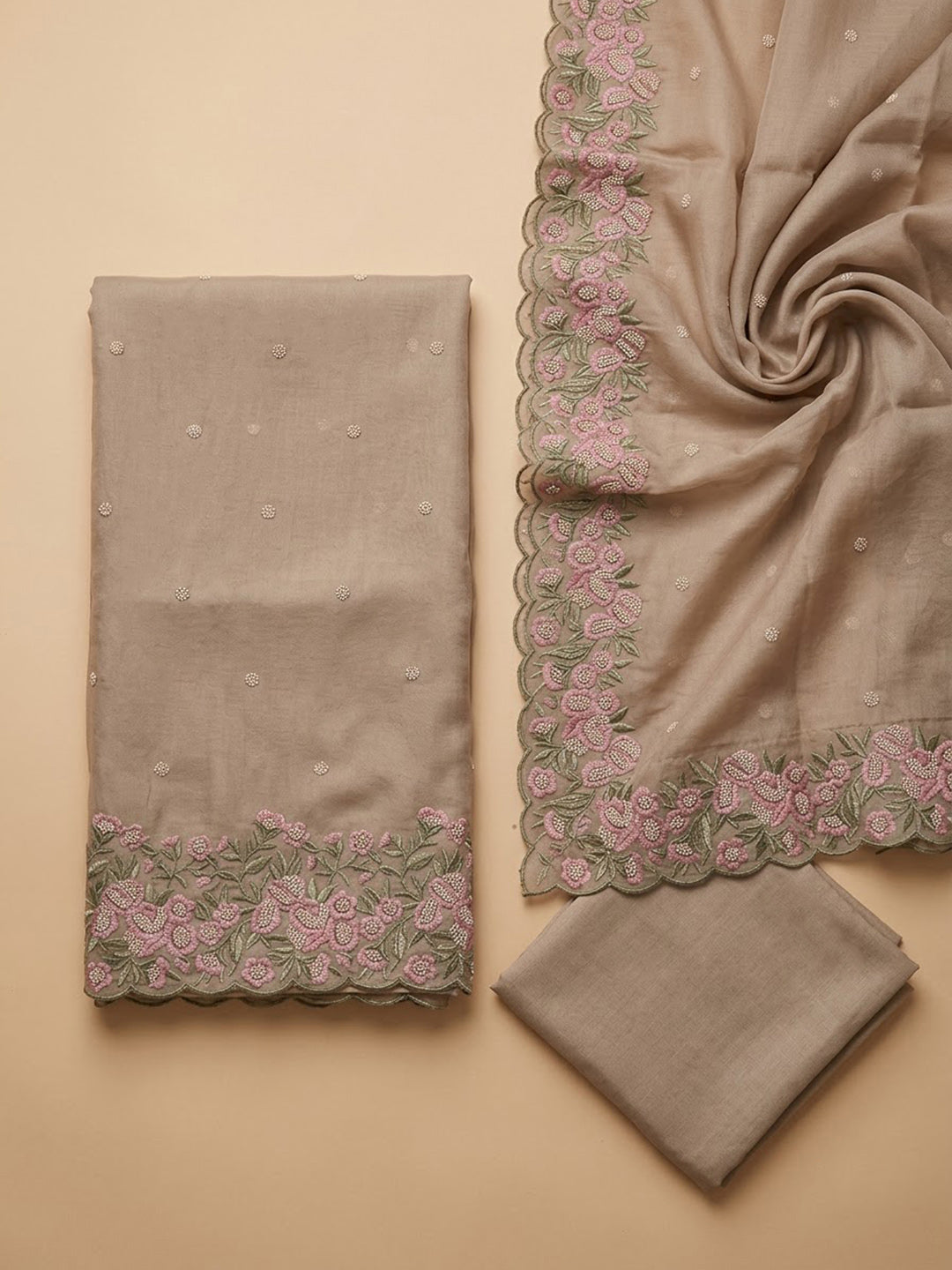 Beige Chanderi Embroidered Unstitched Dress Material