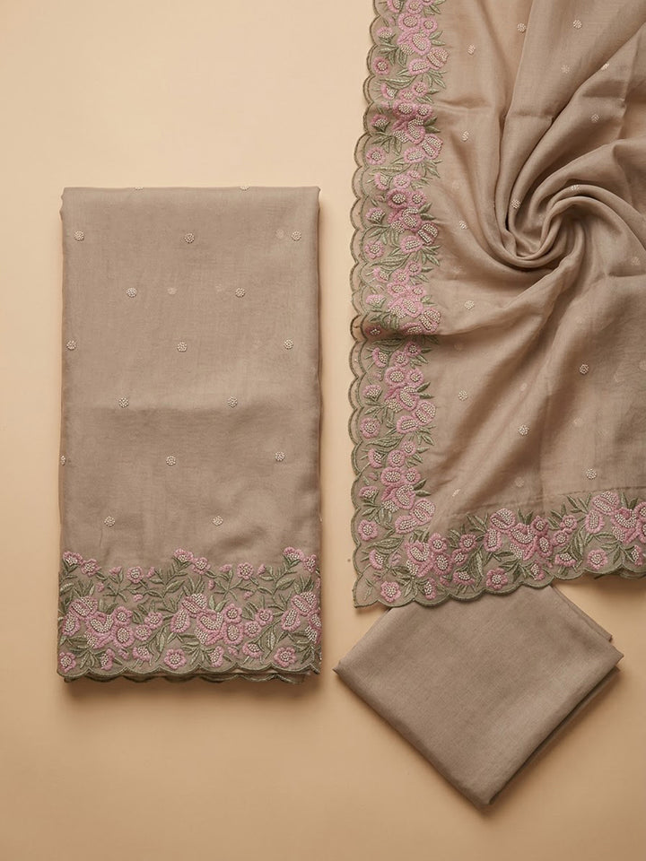 Beige Chanderi Embroidered Unstitched Dress Material