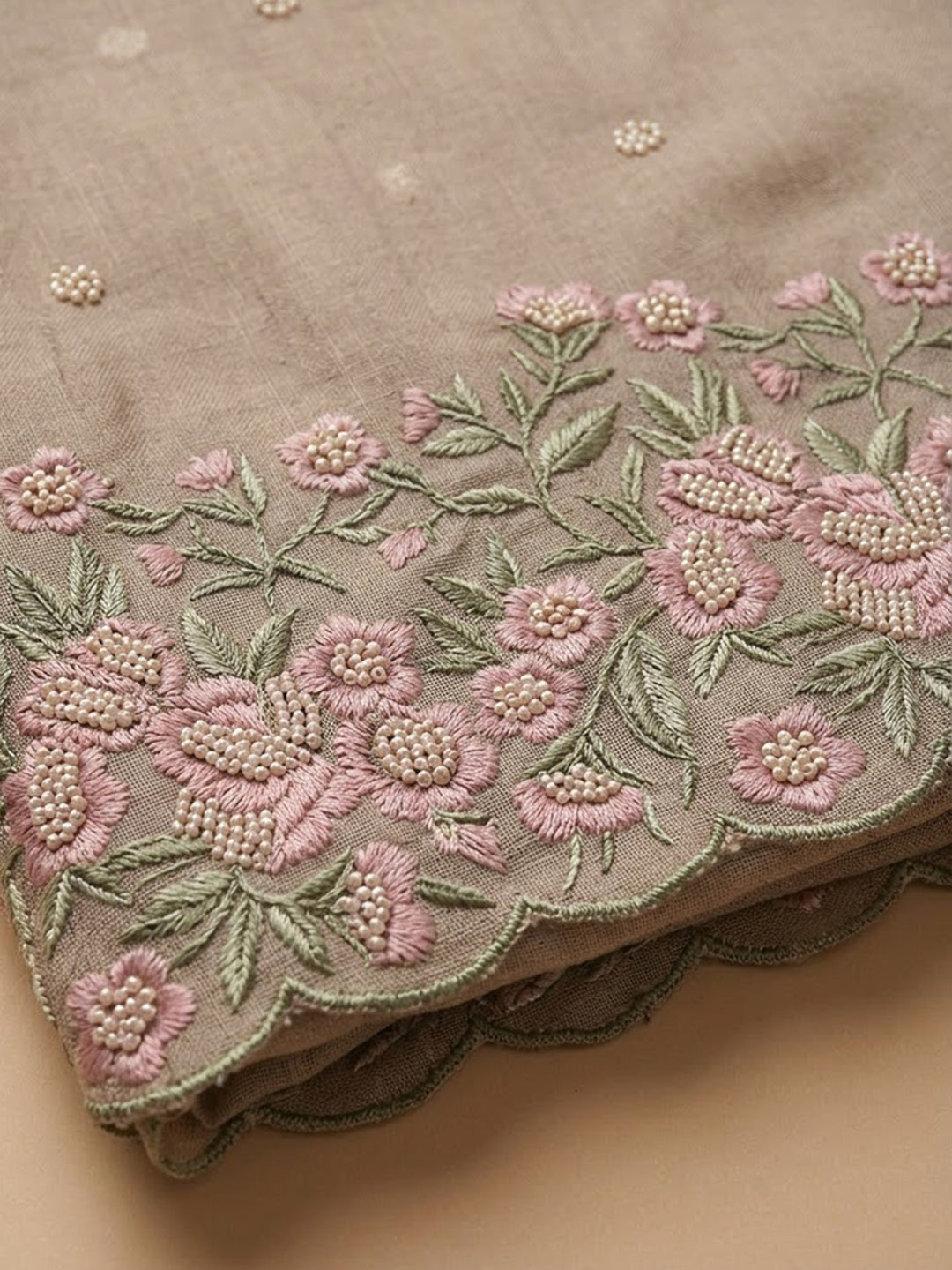 Beige Chanderi Embroidered Unstitched Dress Material
